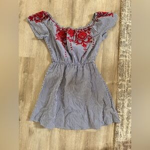 Striped Dress with Red Floral Embroidery